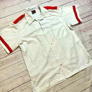 Vintage Mens Nautical Short Sleeve‎ Button Up Shirt VTG Salior White Red Striped
